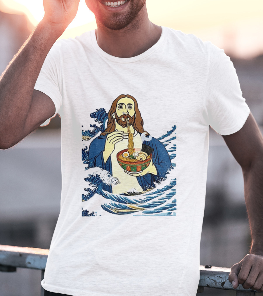 God Eats Ramen Jesus Wave Meme With Bowl Of Noodles T-Shirt