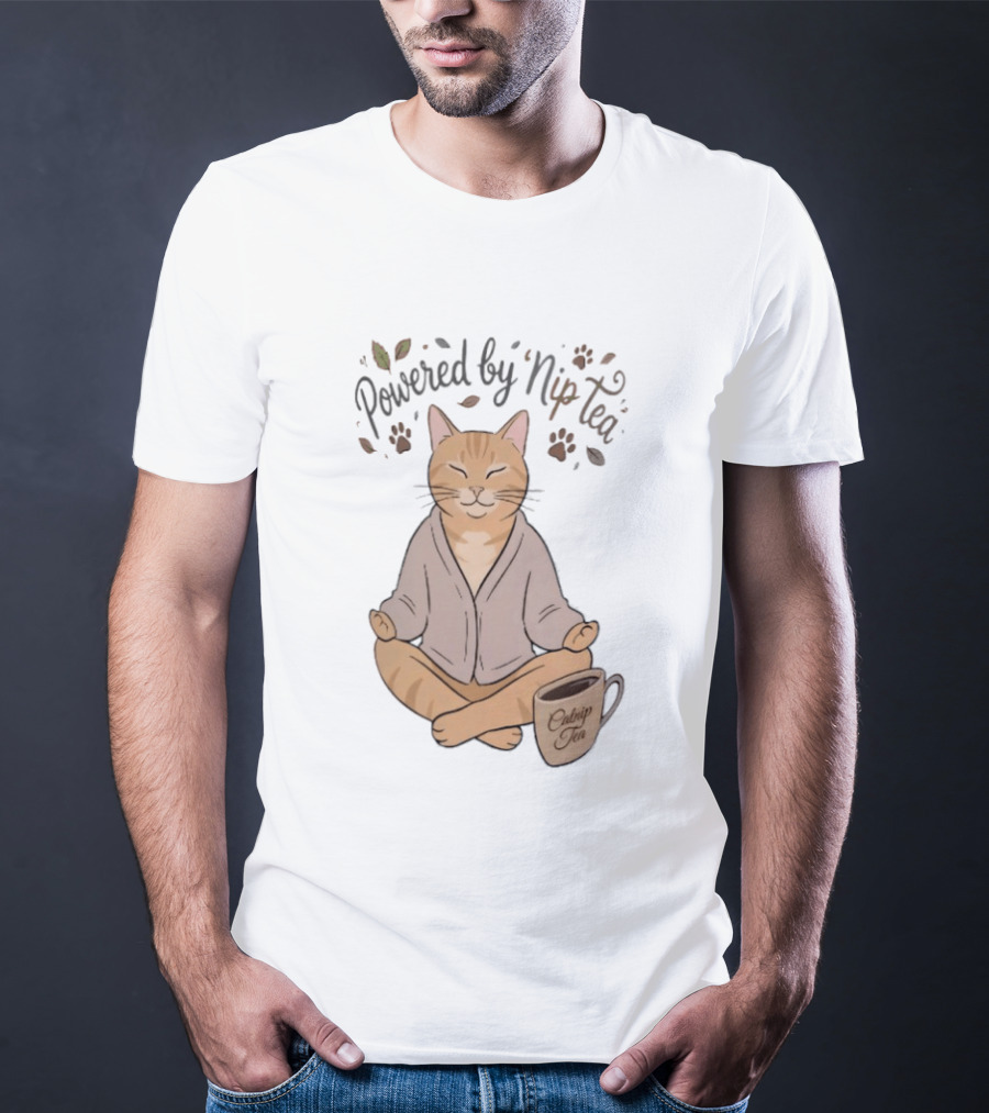 Powered By Nip Tea Catnip Tea Meditating Cat With Paw Prints T-Shirt