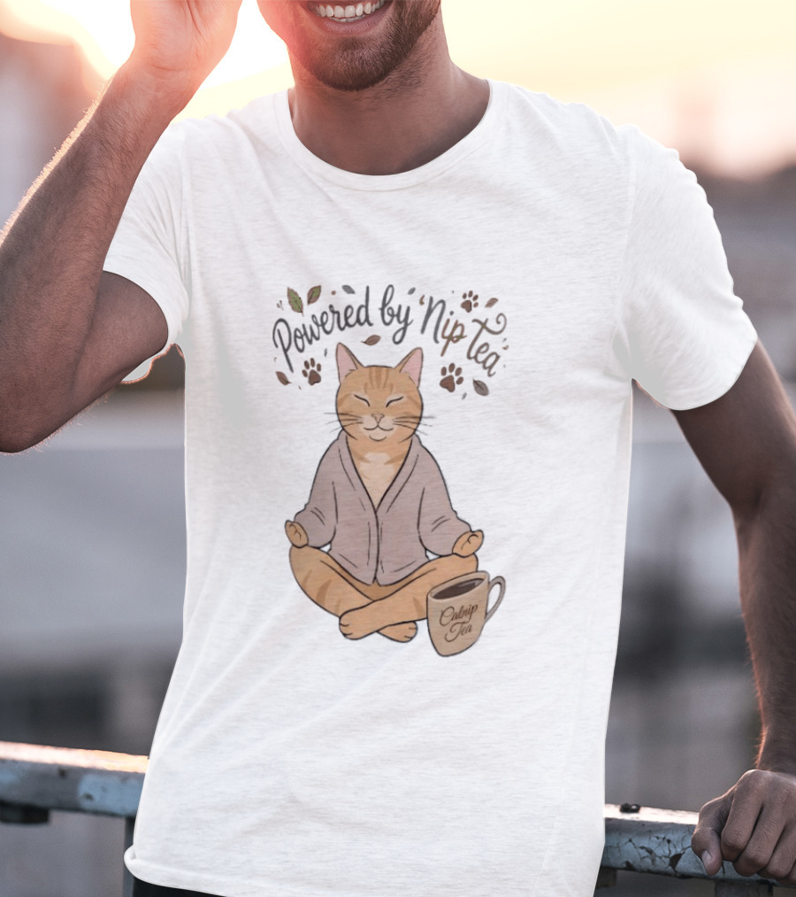 Powered By Nip Tea Catnip Tea Meditating Cat With Paw Prints T-Shirt