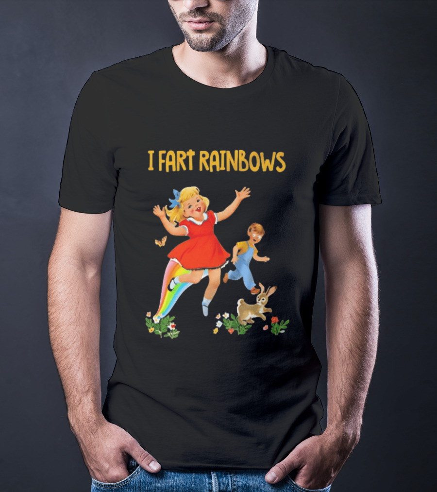 I Fart Rainbows Vintage Retro Kids Playing Butterflies Rabbits Flowers T-Shirt