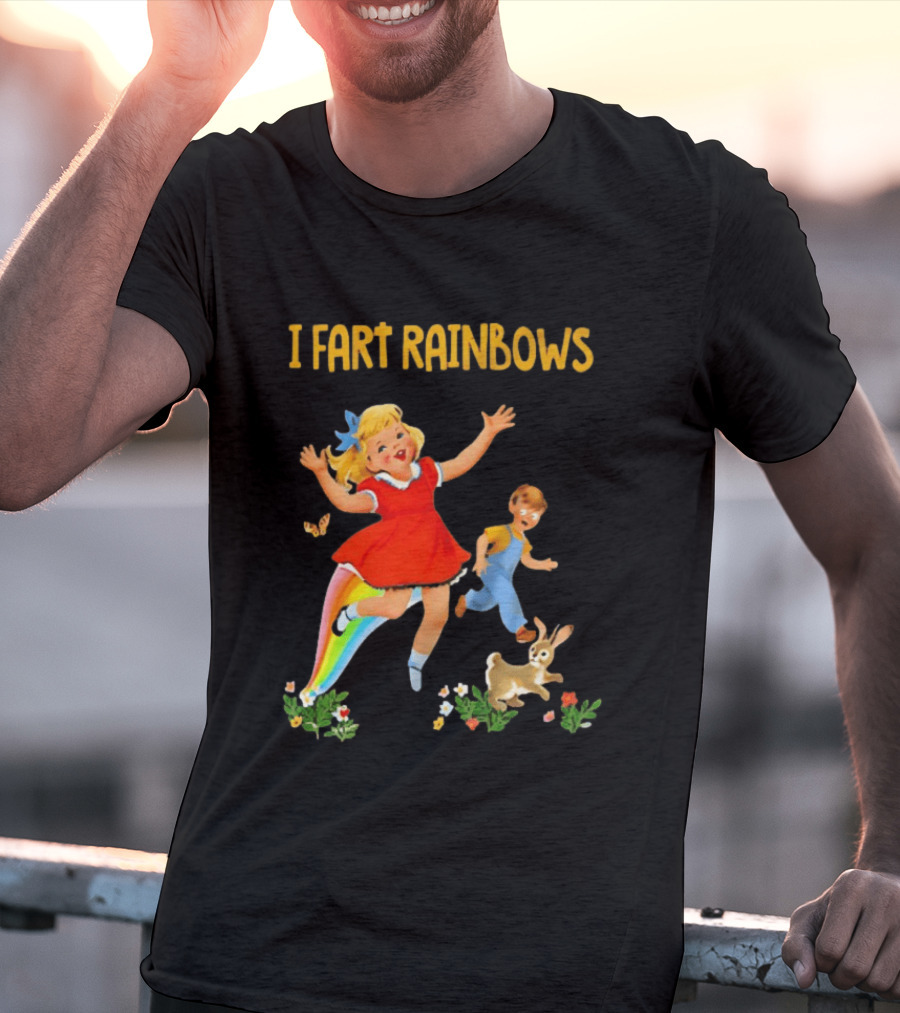 I Fart Rainbows Vintage Retro Kids Playing Butterflies Rabbits Flowers T-Shirt
