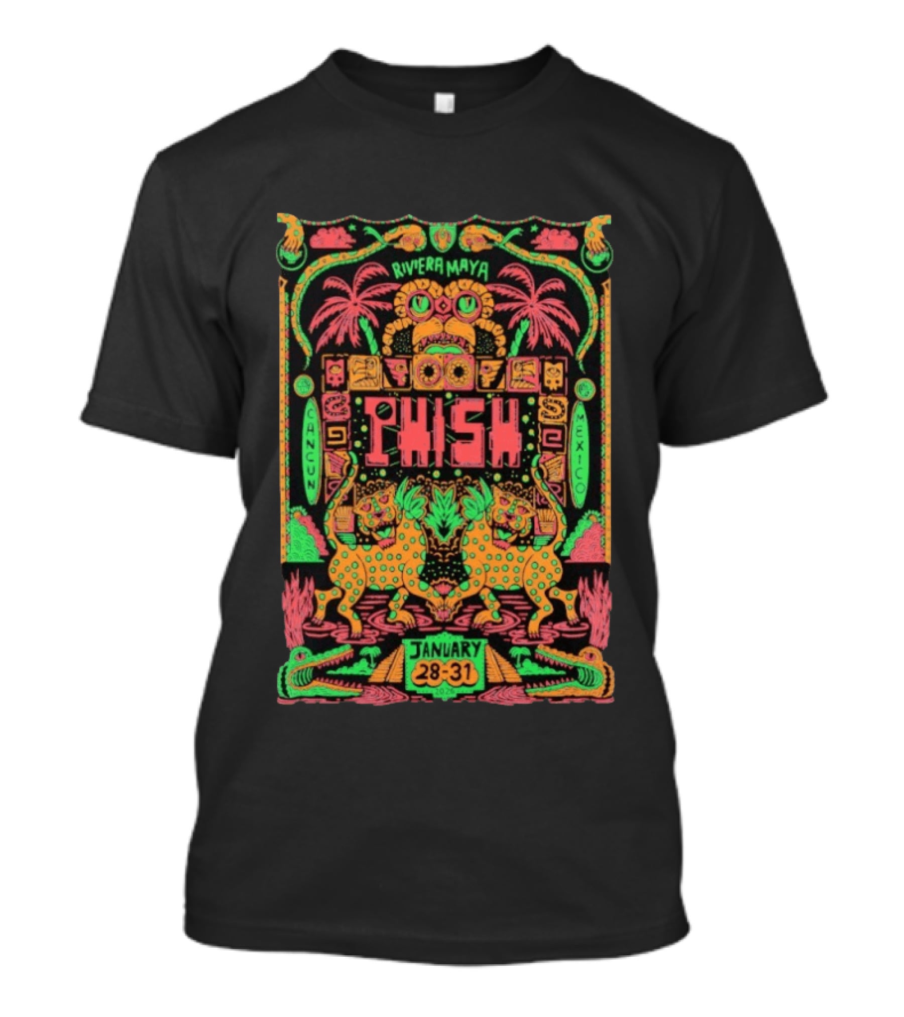 Phish Riviera Maya Cancun Mexico January 28 31 2026 Vibrant Neon Aztec Inspired Tropical T-Shirt