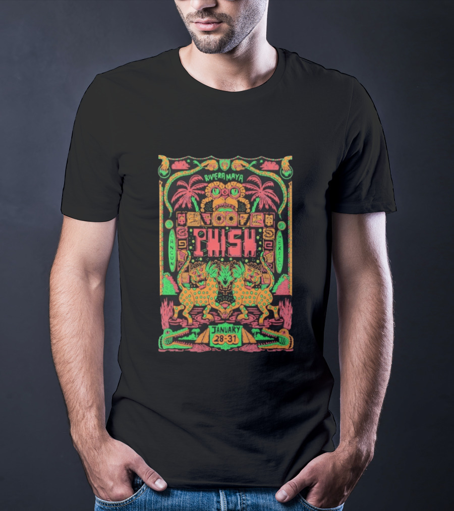 Phish Riviera Maya Cancun Mexico January 28 31 2026 Vibrant Neon Aztec Inspired Tropical T-Shirt