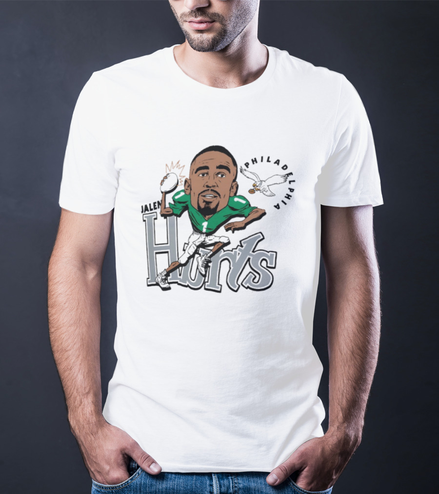 Jalen Hurts Philadelphia Eagles Football Caricature Running Action T-Shirt