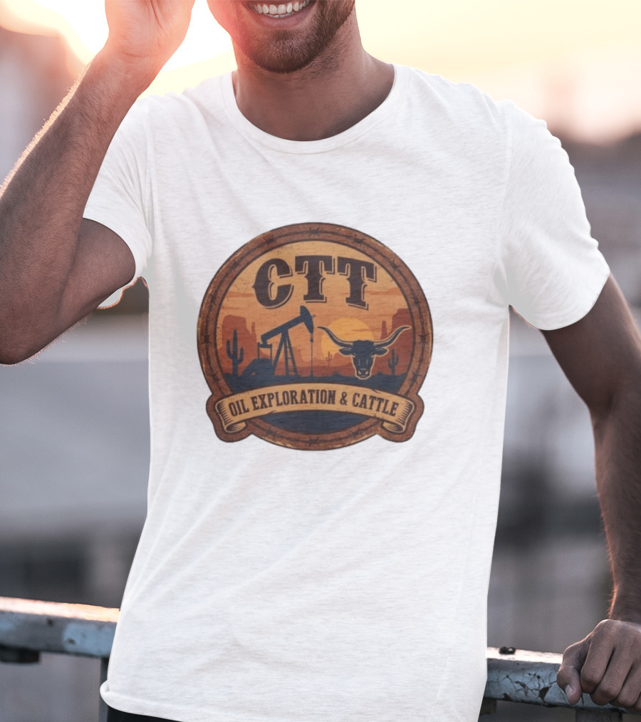 CTT Oil Exploration & Cattle West Texas Sunset Pumpjack And Longhorn Desert Scene T-Shirt