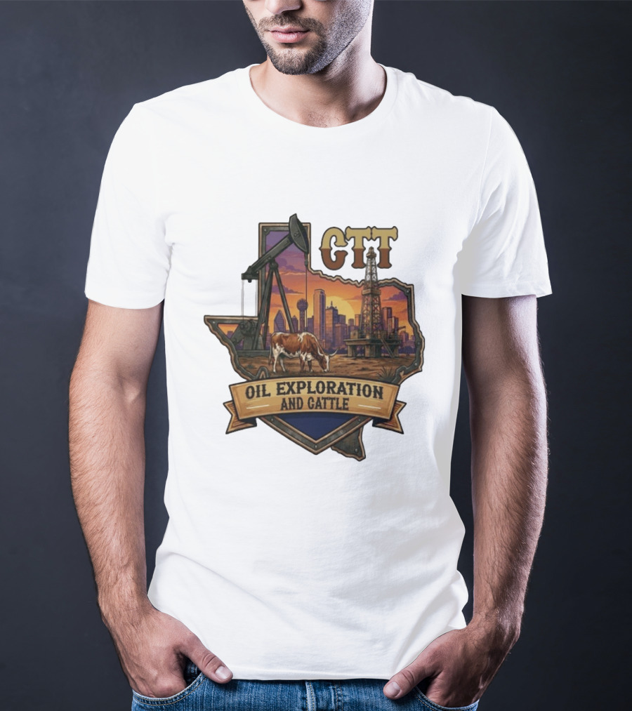 Texas CTT Oil Exploration Cattle Sunset Skyline T-Shirt
