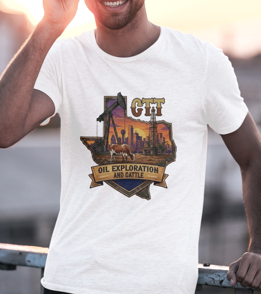 Texas CTT Oil Exploration Cattle Sunset Skyline T-Shirt