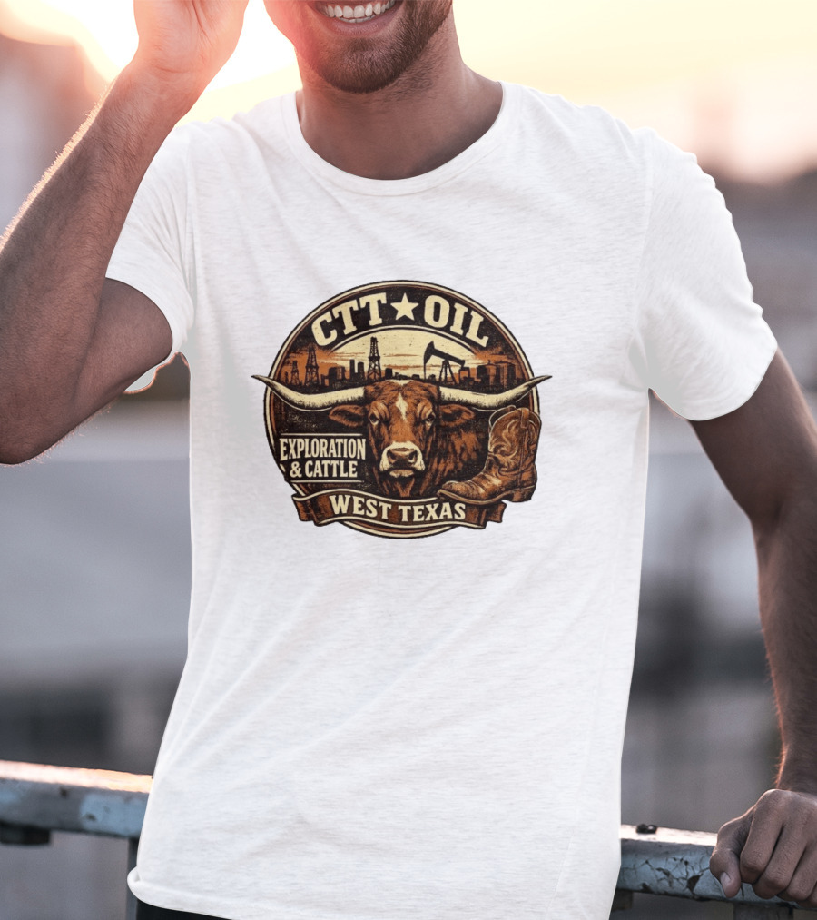 CTT Oil Exploration And Cattle West Texas Longhorn Boot Iconography T-Shirt