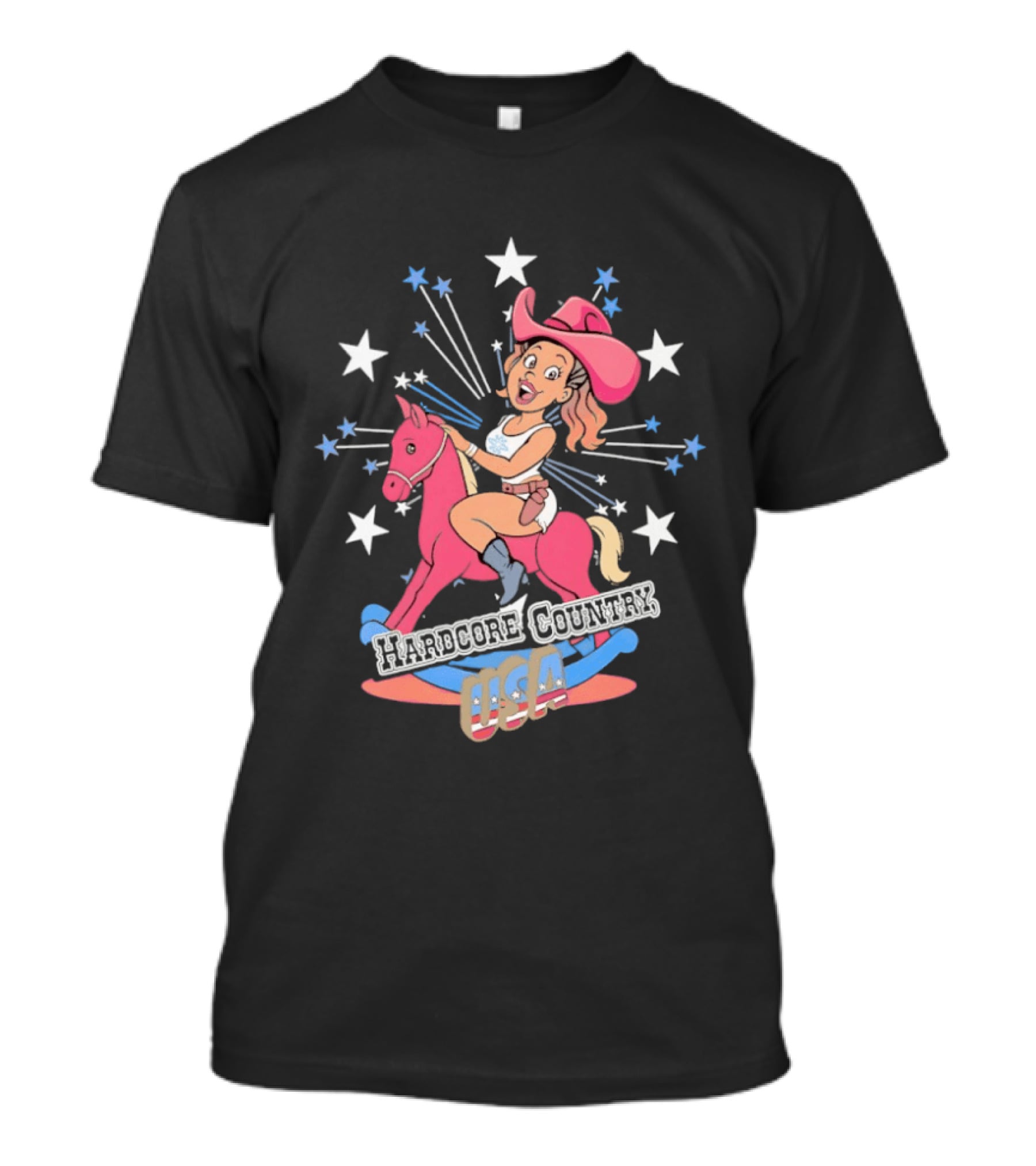 Hardcore Country USA Cowgirl Riding Pink Horse With Stars T-Shirt
