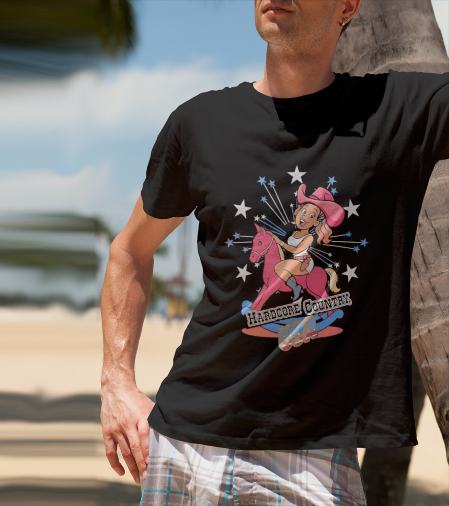 Hardcore Country USA Cowgirl Riding Pink Horse With Stars T-Shirt