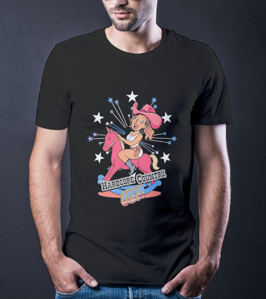 Hardcore Country USA Cowgirl Riding Pink Horse With Stars T-Shirt