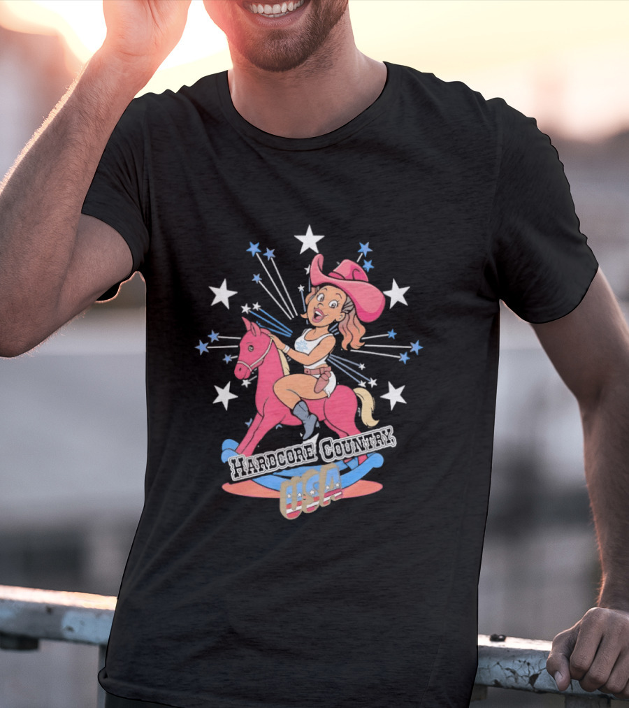 Hardcore Country USA Cowgirl Riding Pink Horse With Stars T-Shirt