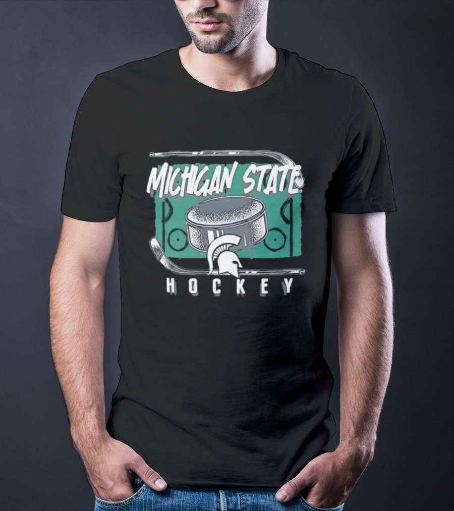 Michigan State Spartans Hockey Puck With Spartan Helmet And Sticks T-Shirt