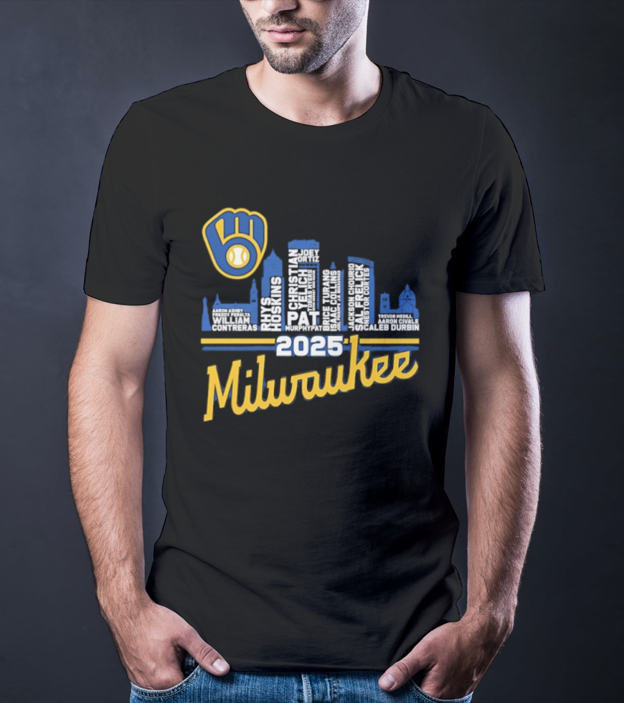 Milwaukee Brewers 2025 City Skyline Baseball Players Names T-Shirt