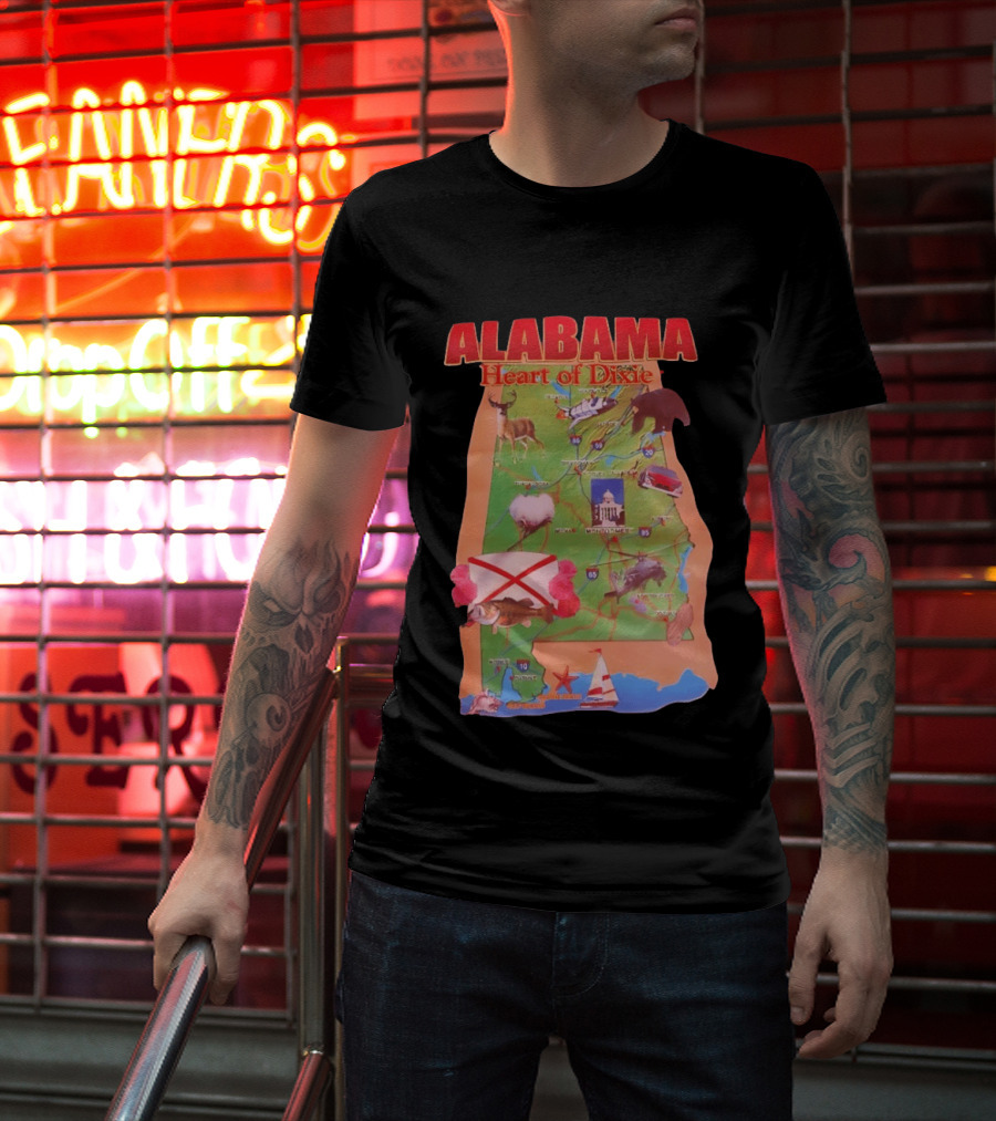 Alabama Heart Of Dixie Map Landmarks And Wildlife T-Shirt