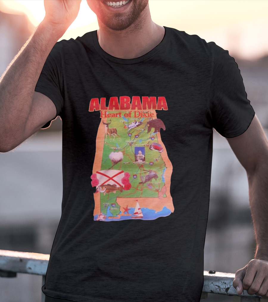 Alabama Heart Of Dixie Map Landmarks And Wildlife T-Shirt