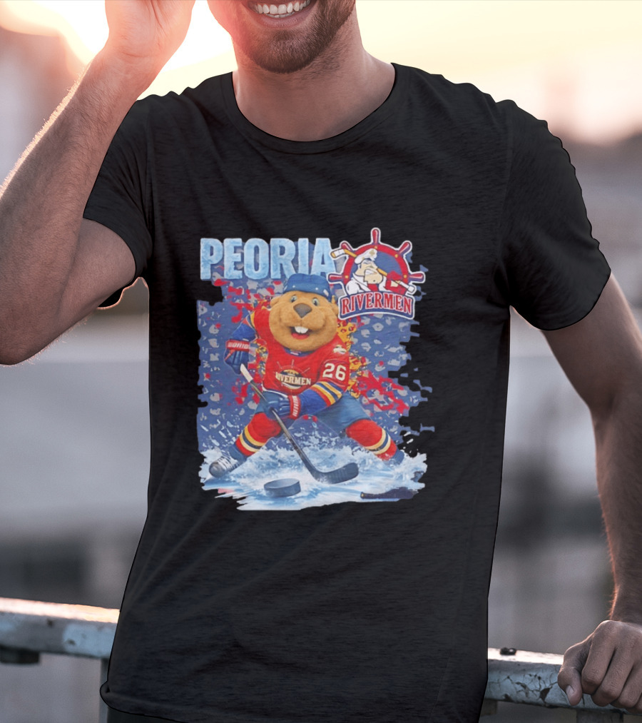 Rocky Peoria Rivermen Hockey Beaver Mascot Skating T-Shirt