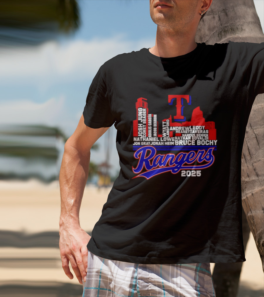 Texas Rangers 2025 City Skyline Players Names Bruce Bochy T-Shirt