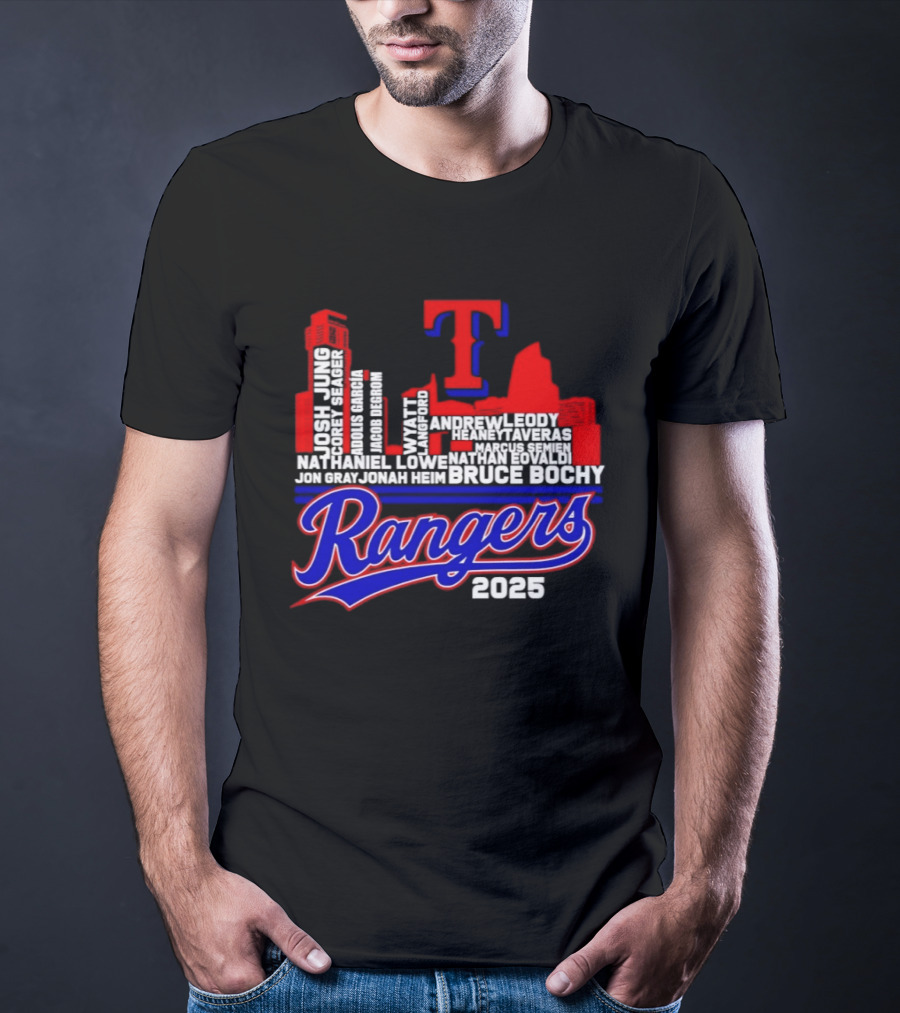 Texas Rangers 2025 City Skyline Players Names Bruce Bochy T-Shirt