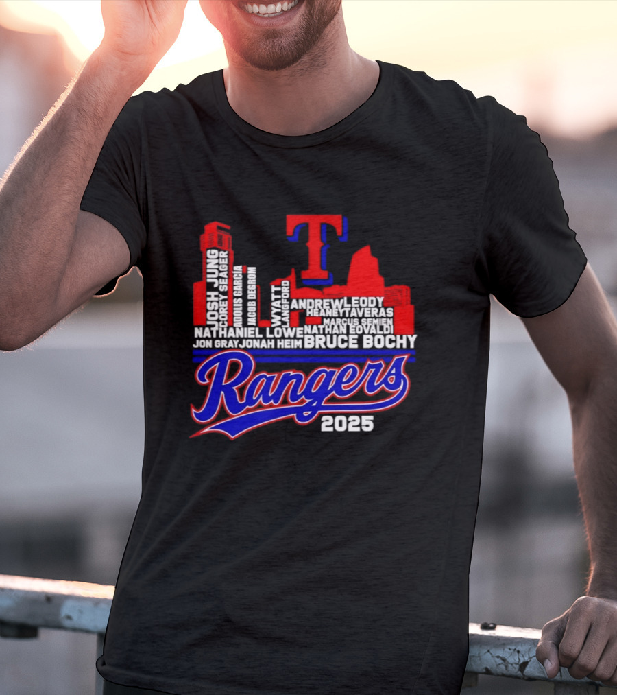 Texas Rangers 2025 City Skyline Players Names Bruce Bochy T-Shirt