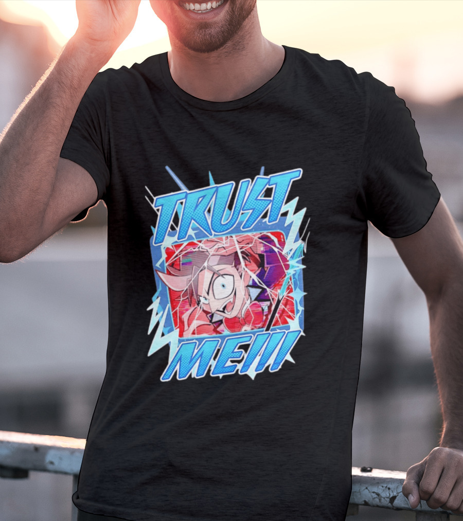 Hazbin Hotel Trust Me Cartoon Expression Blue Lightning T-Shirt