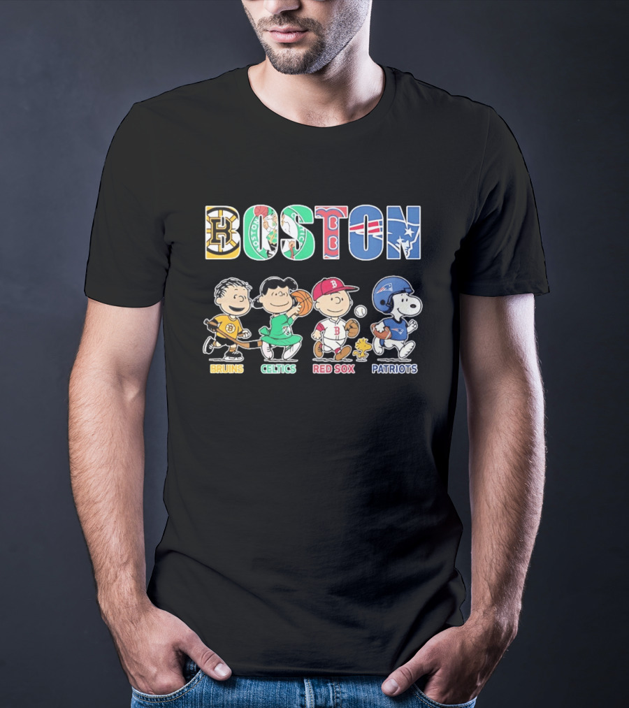 Peanuts Characters In Boston Bruins Celtics Red Sox Patriots Team T-Shirt