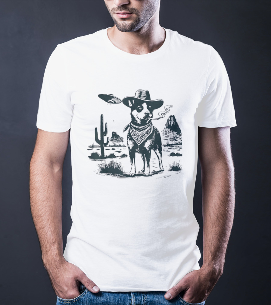 Australian Cattle Dog Smoking With UFO And Western Cowboy Desert Scene T-Shirt