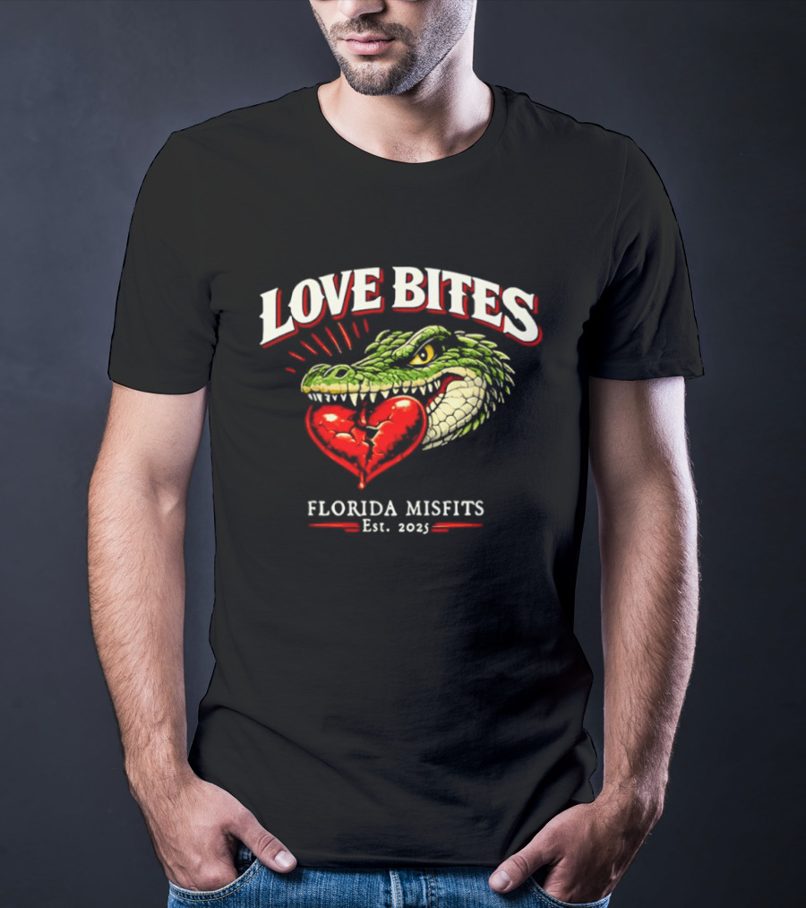 Love Bites Crocodile Broken Heart Florida Misfits Est 2025 T-Shirt