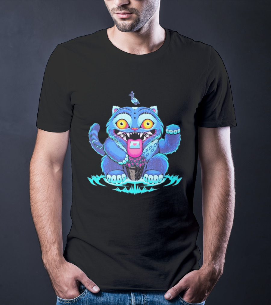 Lucky Derpy Cheshire Cat Maneki Neko Fusion Vibrant Blue T-Shirt