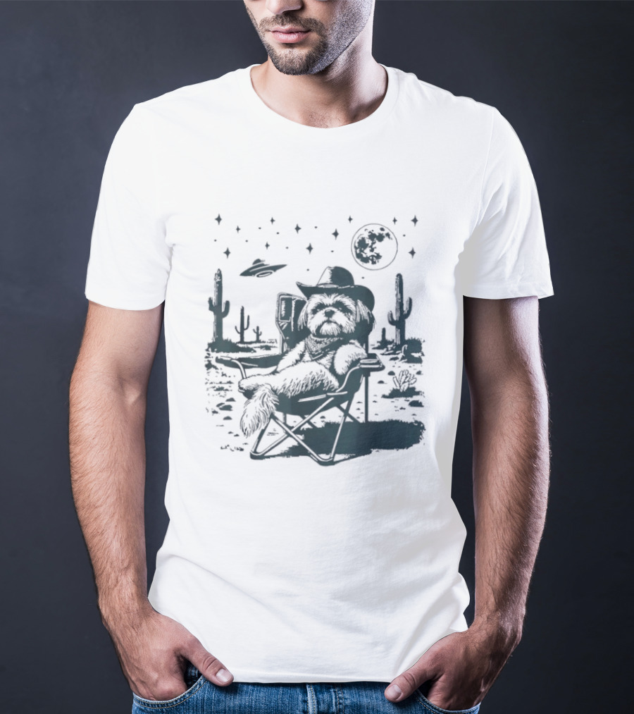 Shih Tzu Cowboys UFO Western Desert Scene Cactus Moon Stars T-Shirt