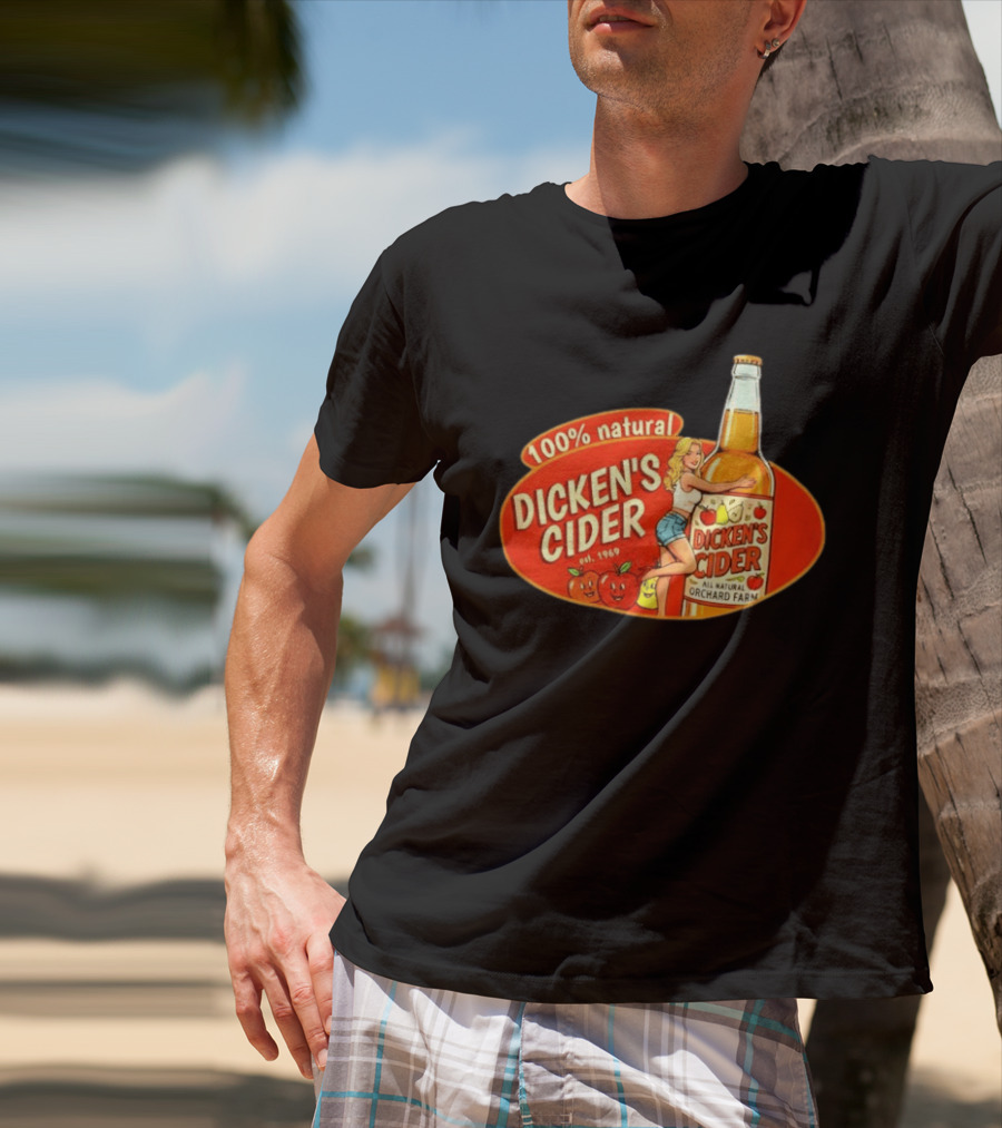 100 Natural Dicken's Cider Est 1969 Girl Hugging All Natural Orchard Farm Bottle T-Shirt