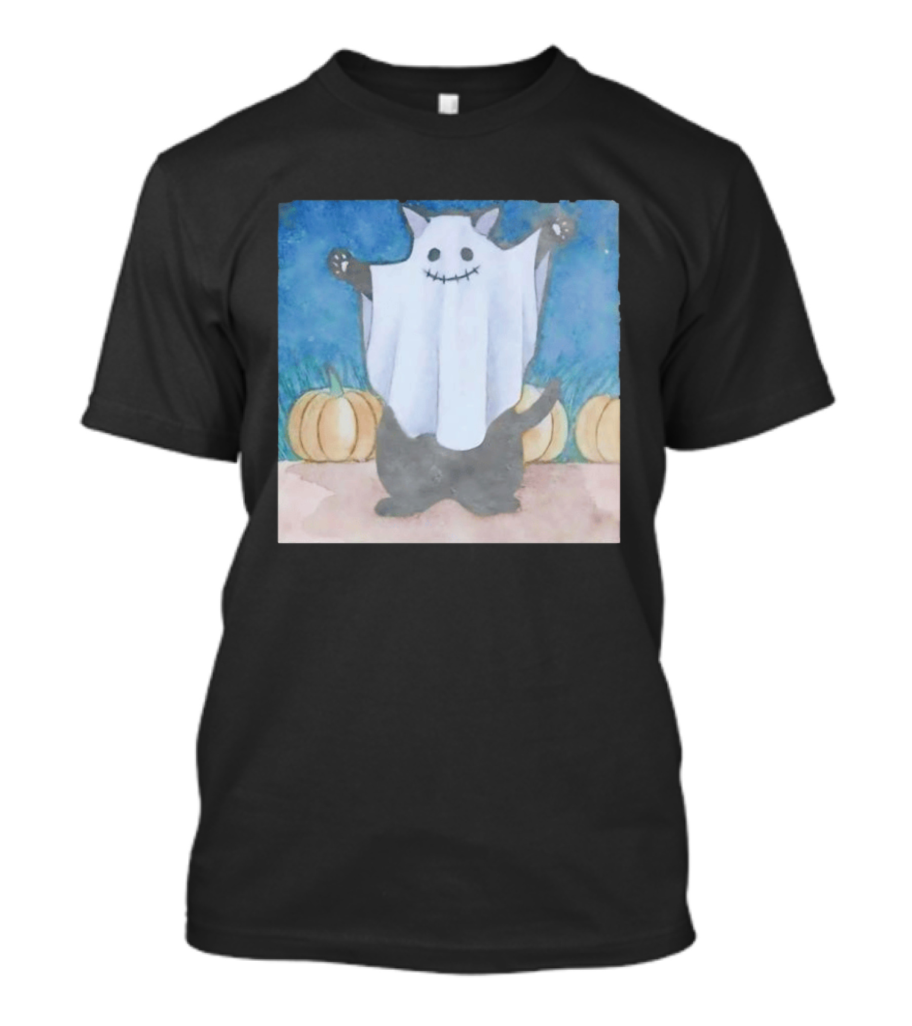 Spooky Black Cat In Ghost Costume With Pumpkins Halloween T-Shirt