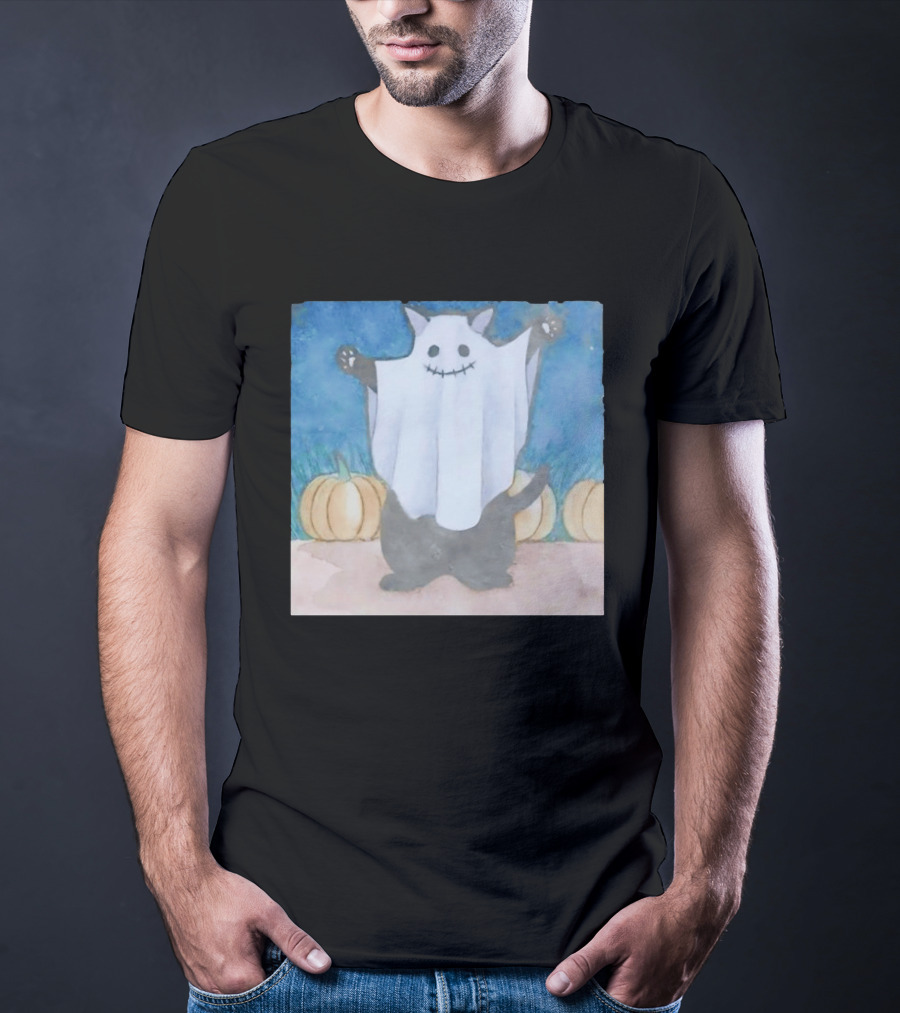 Spooky Black Cat In Ghost Costume With Pumpkins Halloween T-Shirt