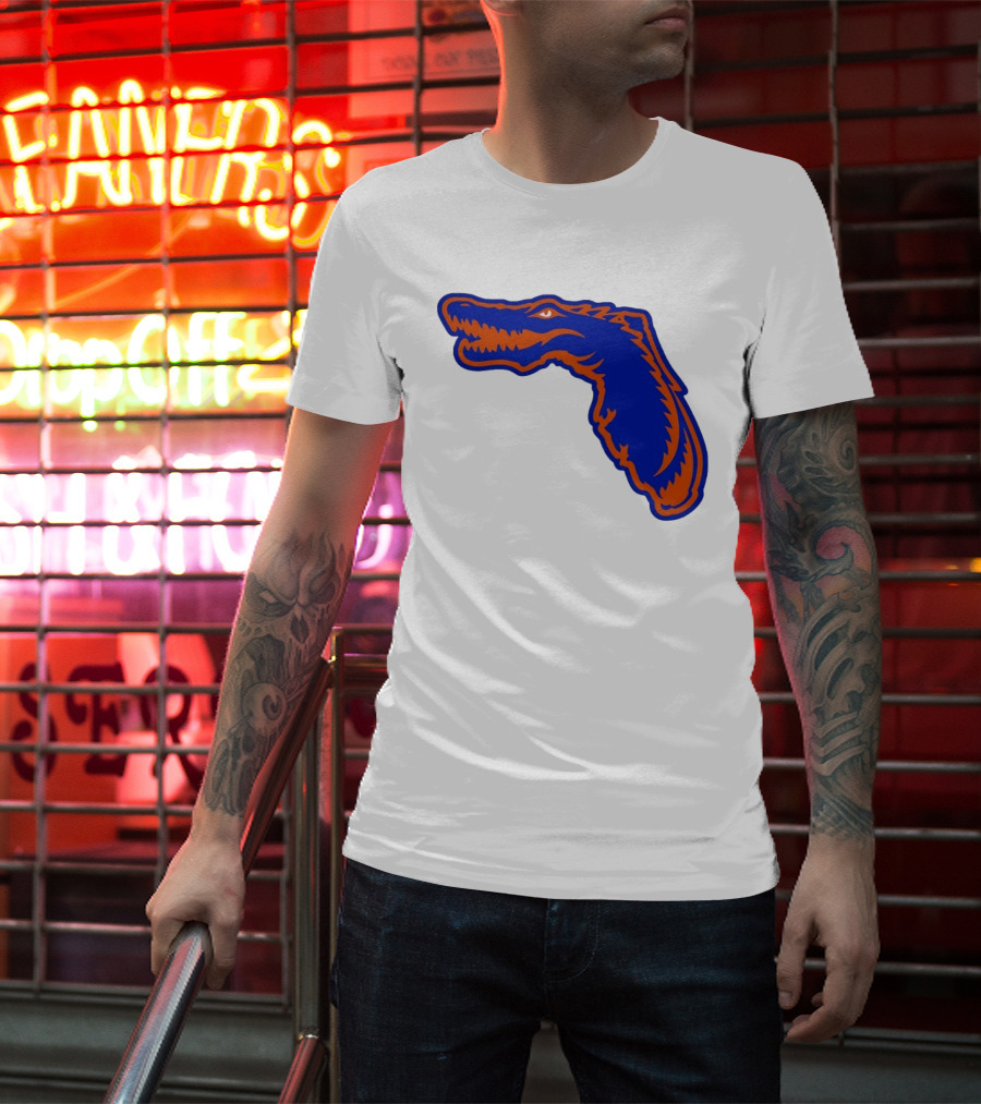 Florida Gators State Shape Blue Orange Gator Map T-Shirt