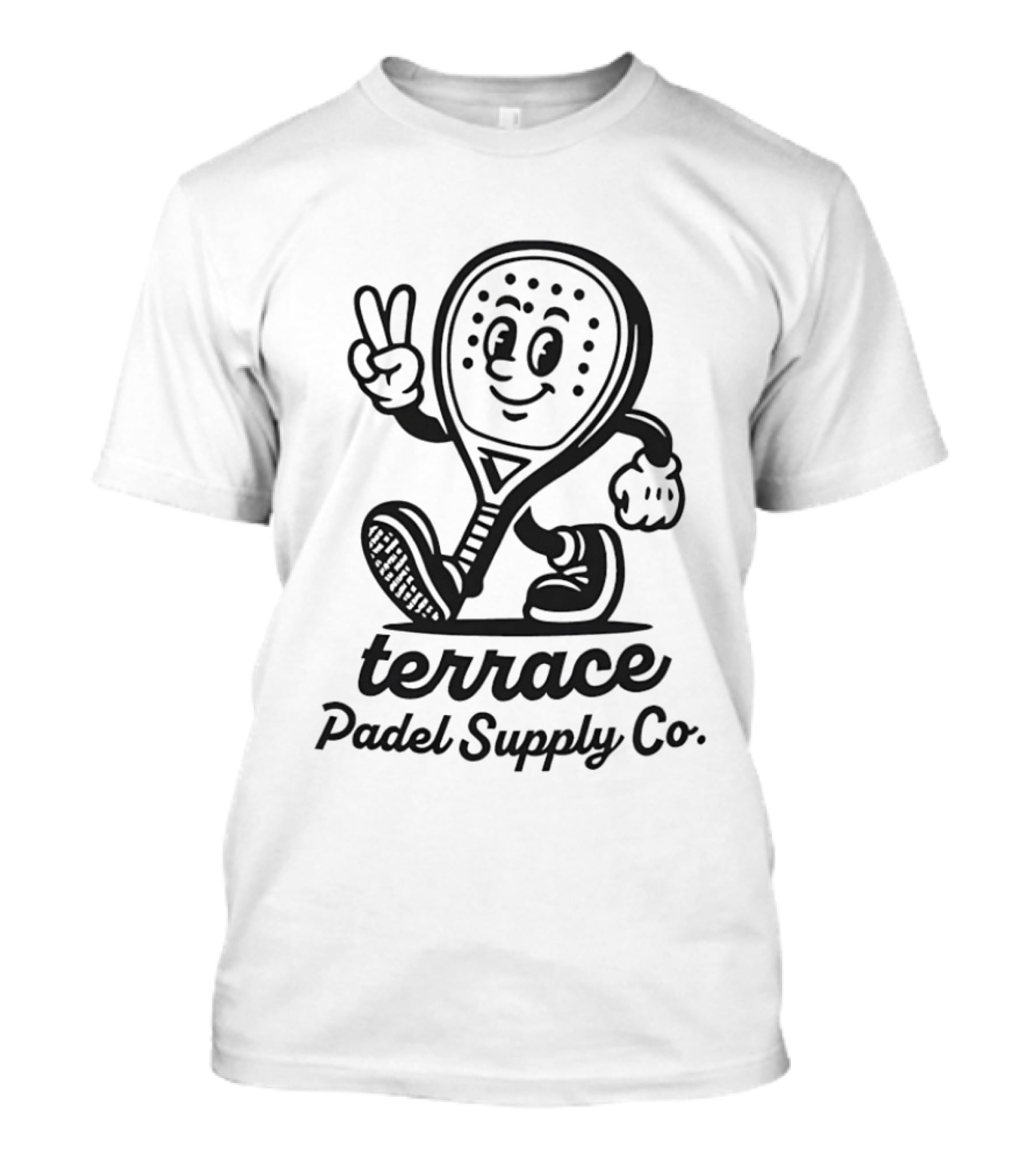 Terrace Padel Supply Co. Smiling Paddle Character Peace Sign T-Shirt