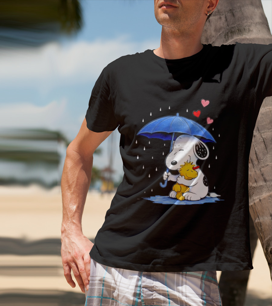 Snoopy Woodstock Umbrella Hearts Rain Hugging T-Shirt