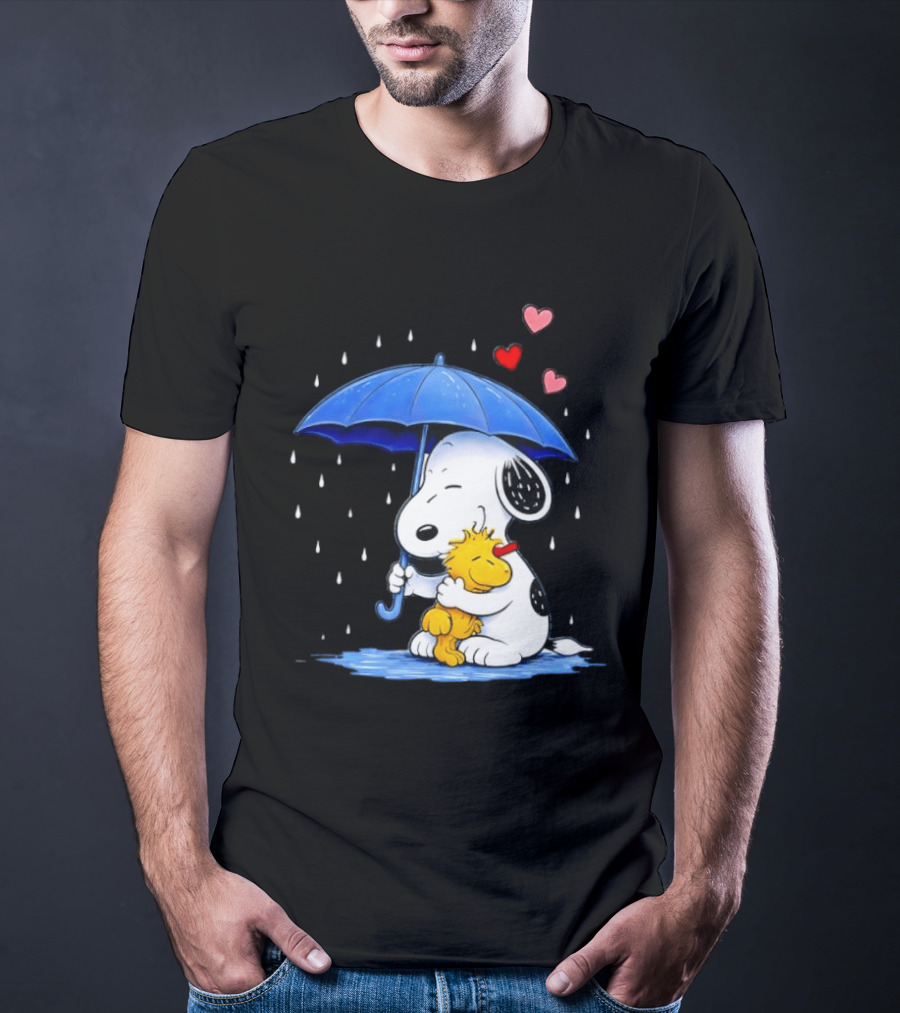 Snoopy Woodstock Umbrella Hearts Rain Hugging T-Shirt