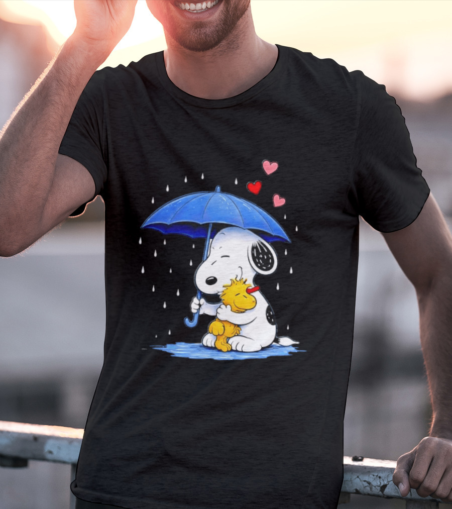 Snoopy Woodstock Umbrella Hearts Rain Hugging T-Shirt