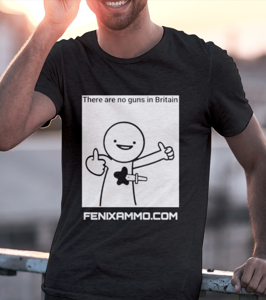 There Are No Guns In Britain Fenixammo Com Happy Character With Gun Hand Gesture T-Shirt