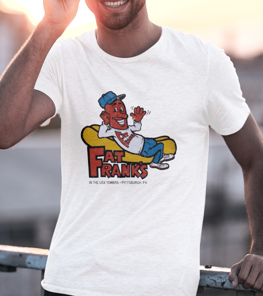 Fat Frank's In The USX Towers Pittsburgh PA Hot Dogs Retro Cartoon T-Shirt