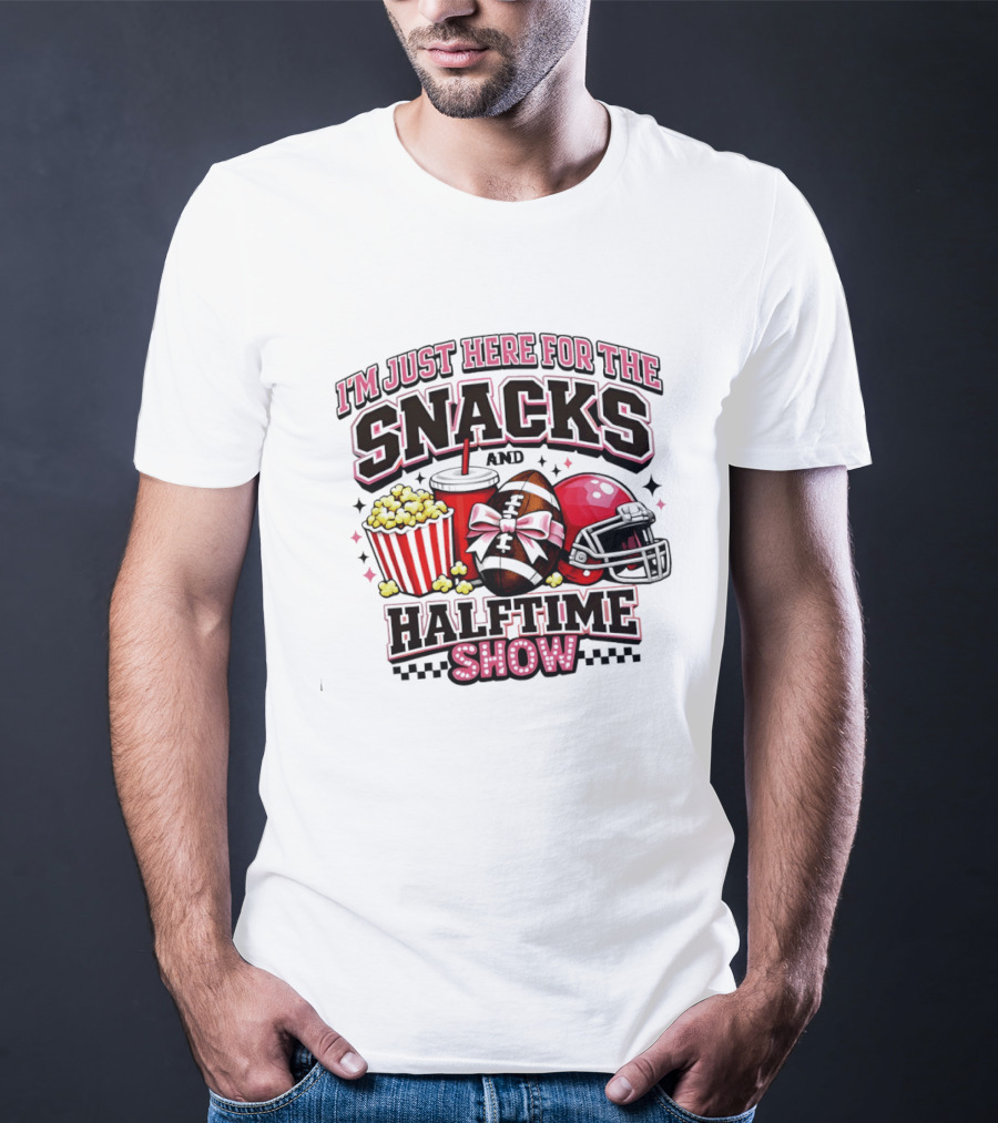I'm Just Here For The Snacks And Halftime Show Football Popcorn Pink Coquette T-Shirt