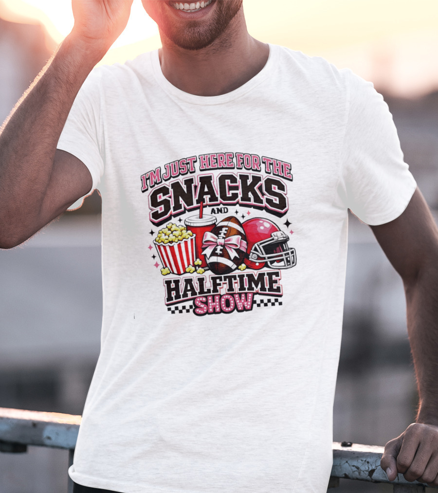 I'm Just Here For The Snacks And Halftime Show Football Popcorn Pink Coquette T-Shirt
