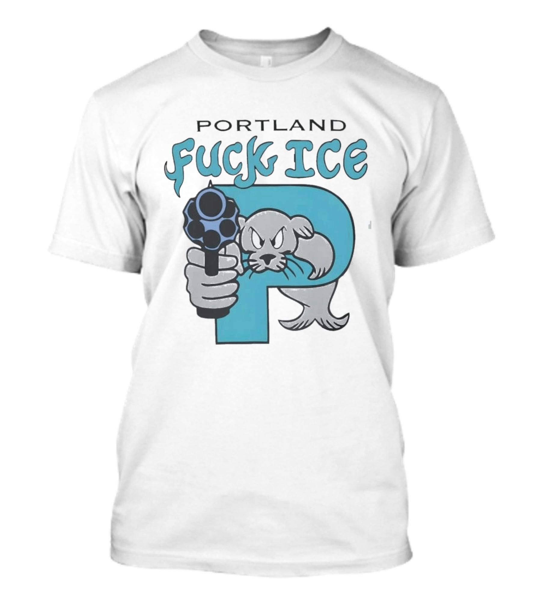 Portland Fuck ICE Seal Holding Revolver Protest T-Shirt