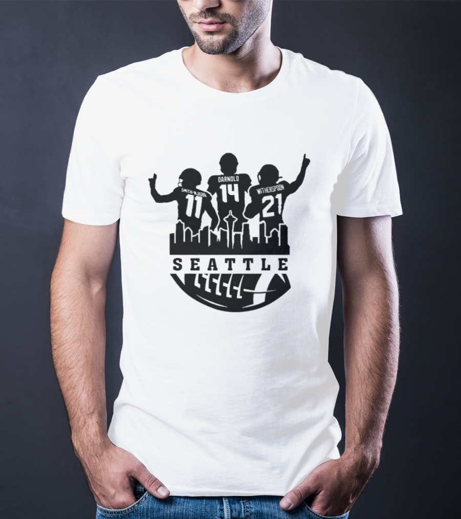 Seattle Seahawks Sam Darnold Jaxon Smith Njigba Devon Witherspoon NFC 2026 Football Skyline T-Shirt
