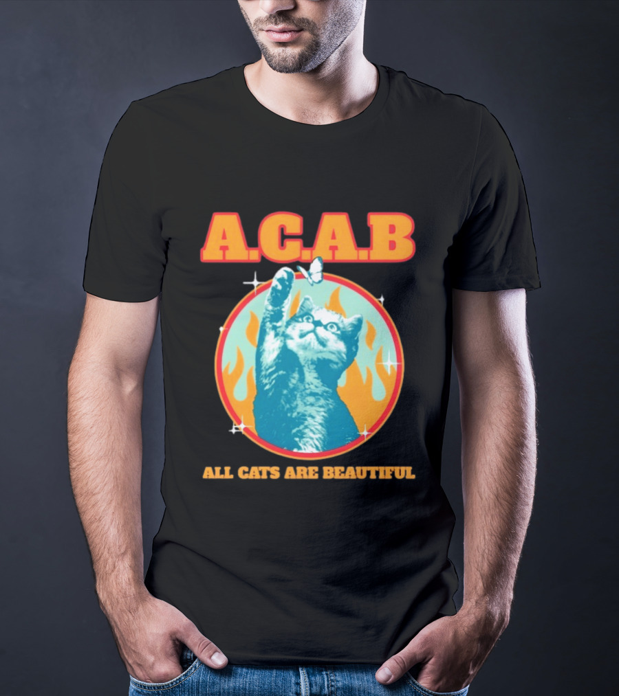 A.C.A.B Cat With Butterfly And Flames T-Shirt