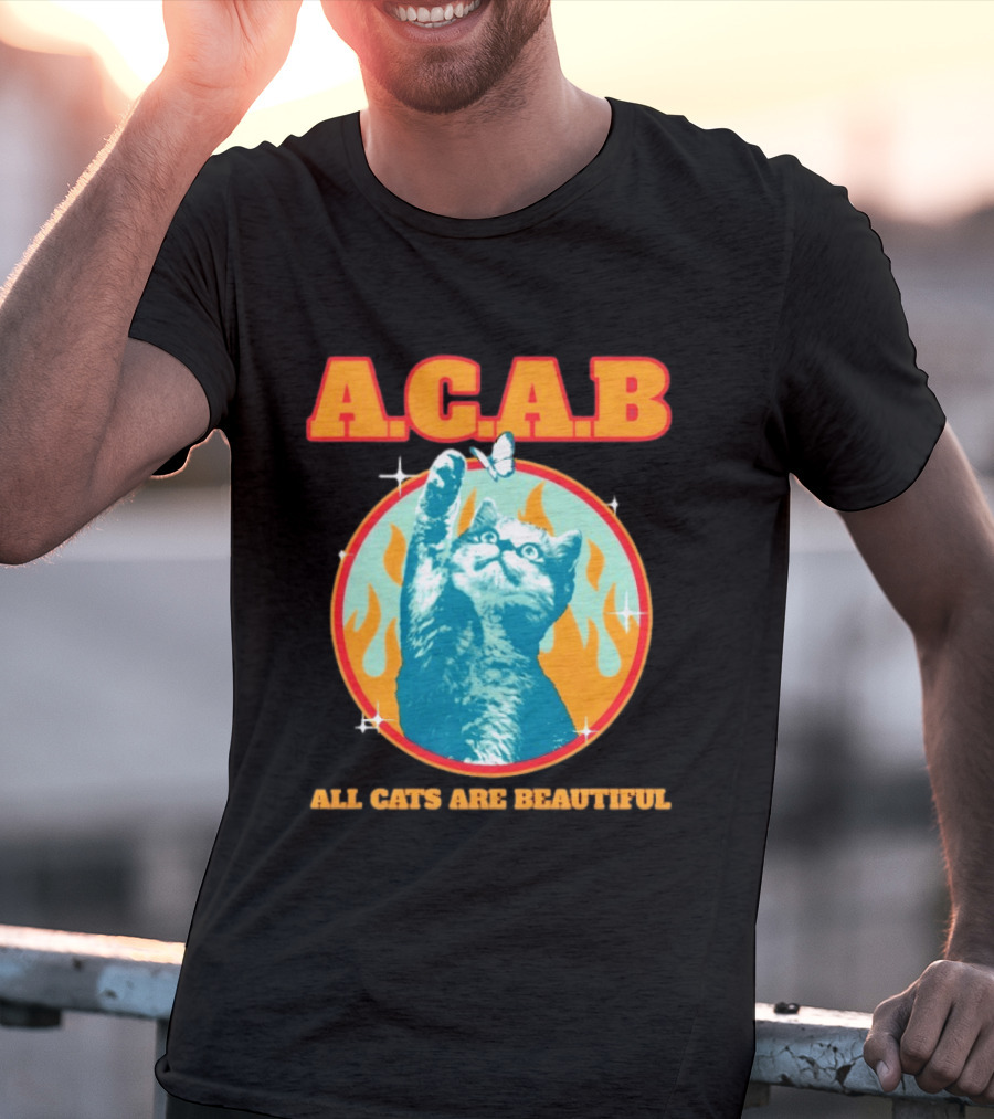 A.C.A.B Cat With Butterfly And Flames T-Shirt