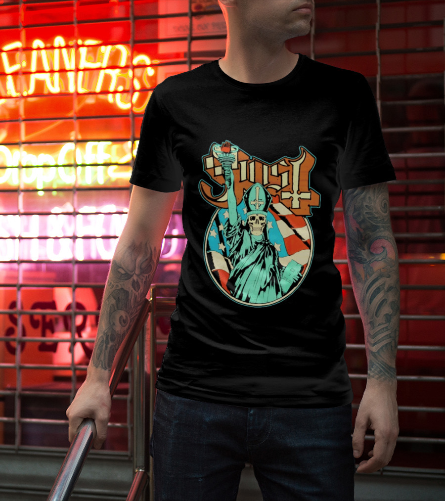 Ghost Statue Of Liberty Skeleton Torch Metal Band T-Shirt
