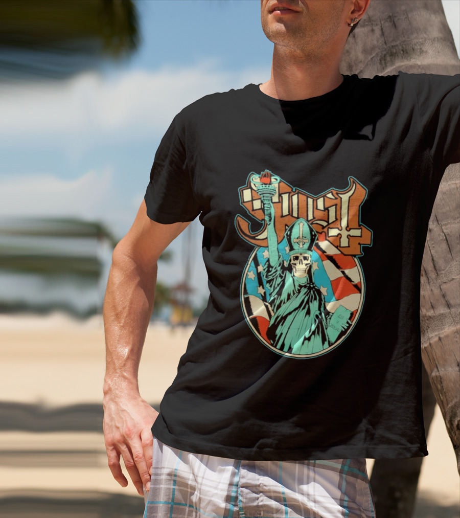 Ghost Statue Of Liberty Skeleton Torch Metal Band T-Shirt