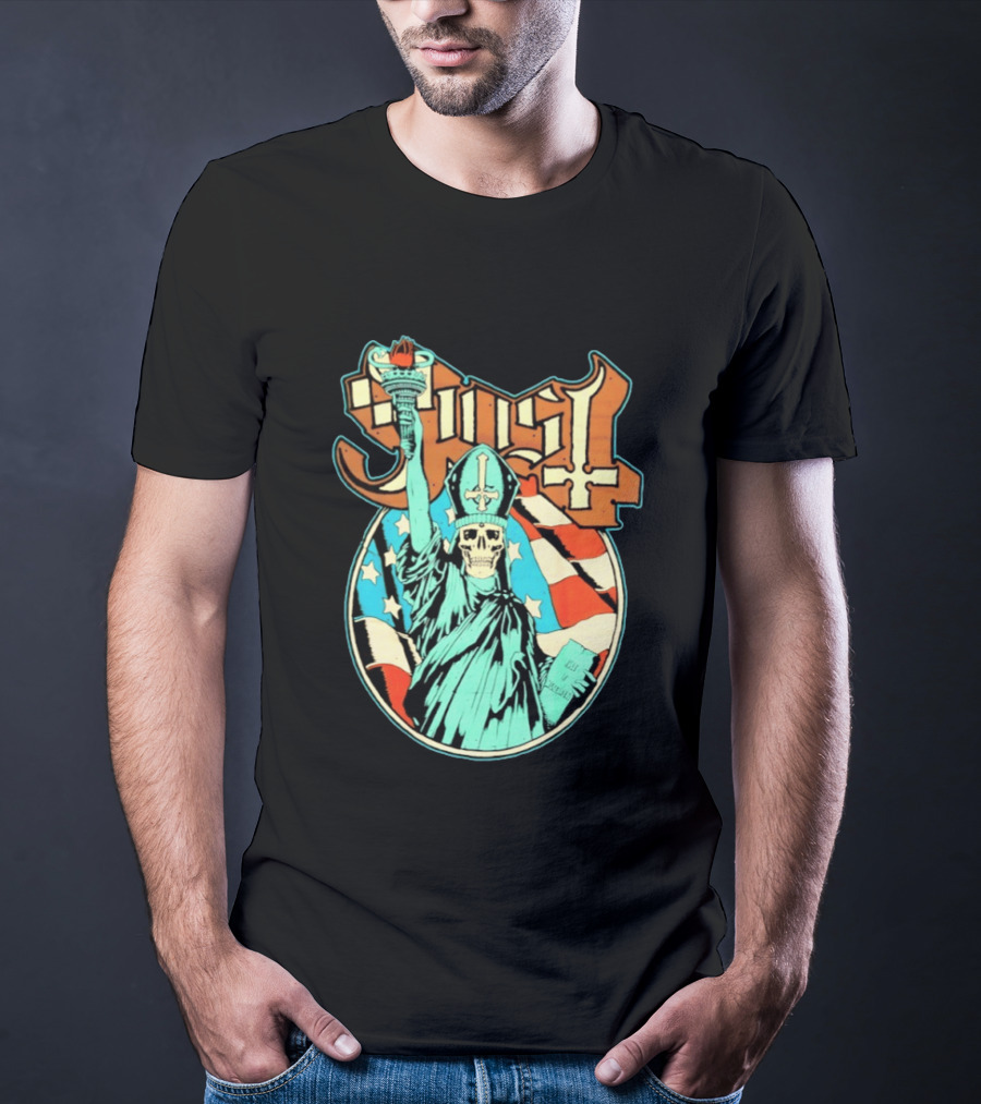Ghost Statue Of Liberty Skeleton Torch Metal Band T-Shirt