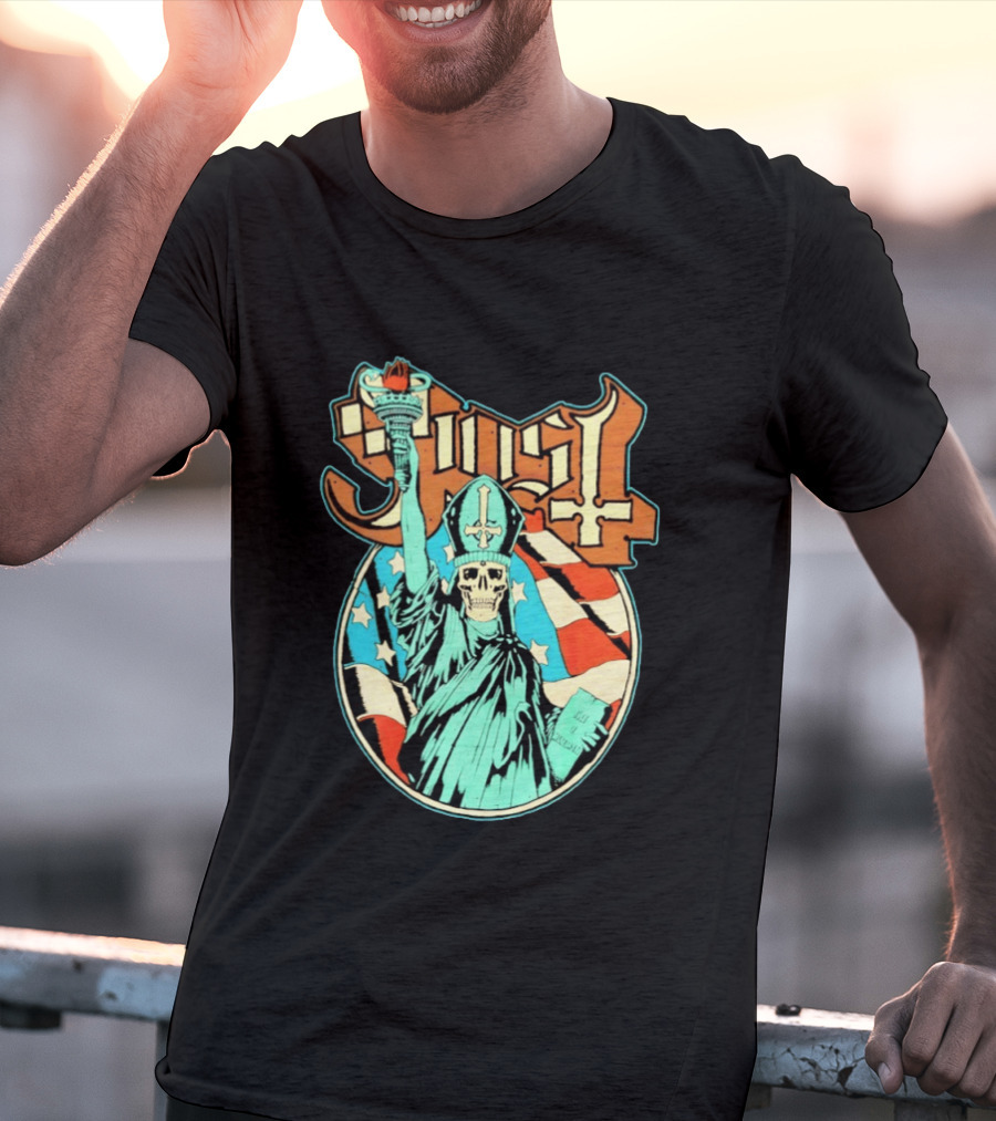 Ghost Statue Of Liberty Skeleton Torch Metal Band T-Shirt